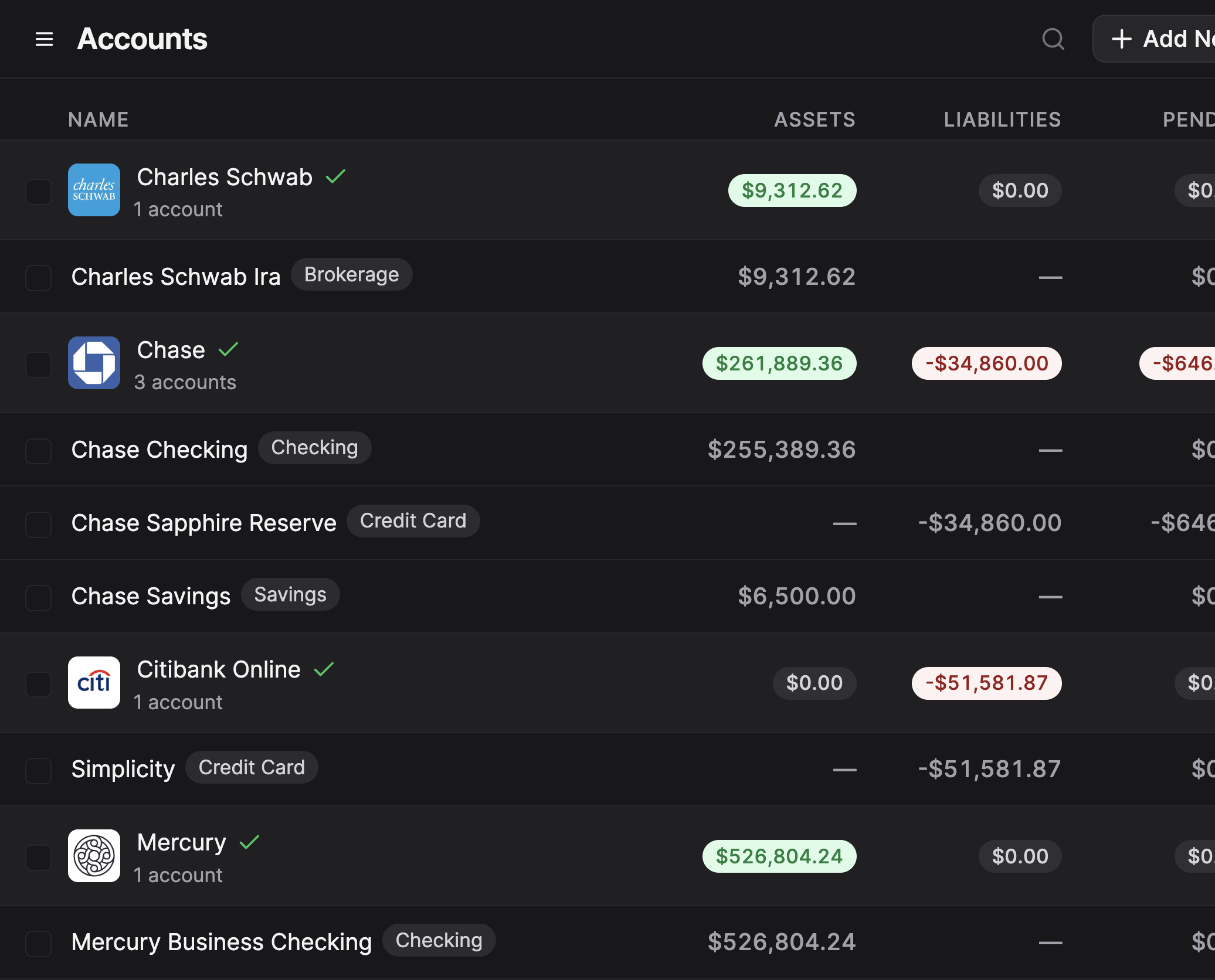 List of bank accounts connected in Balance