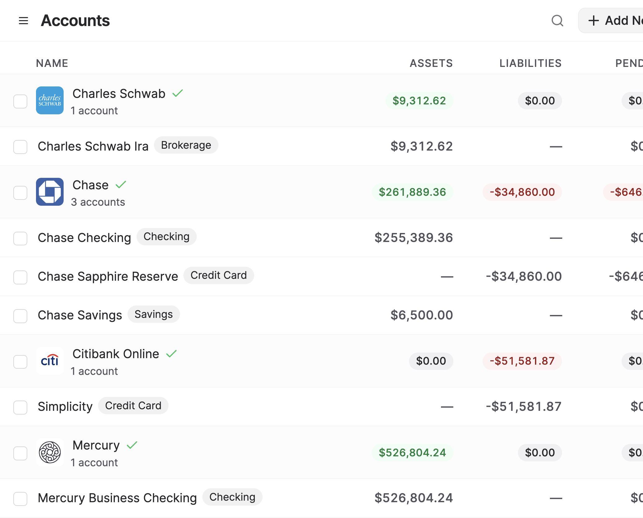 List of bank accounts connected in Balance