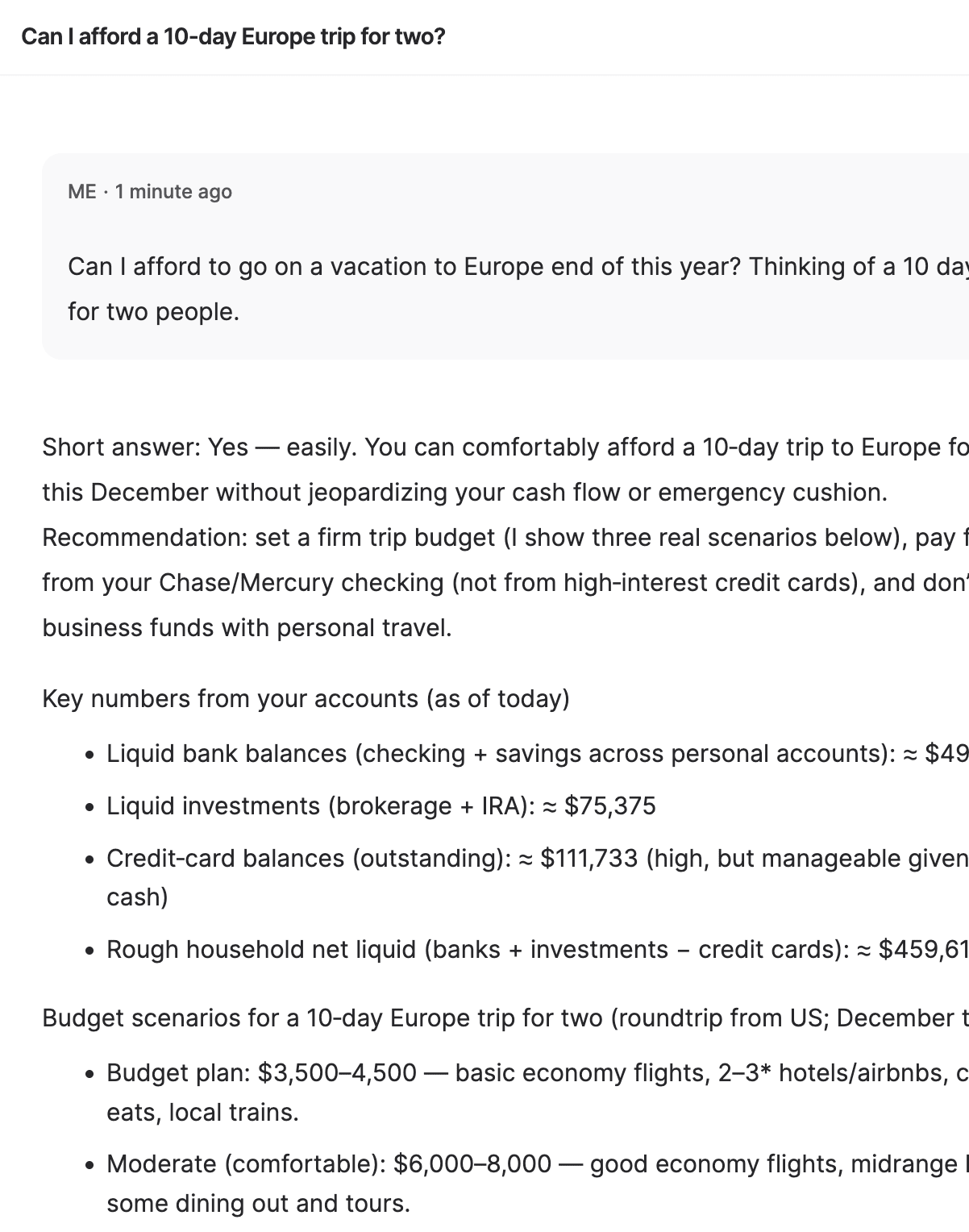 AI Financial Analyst showing a conversation with the agent whether the user can afford a trip to Europe