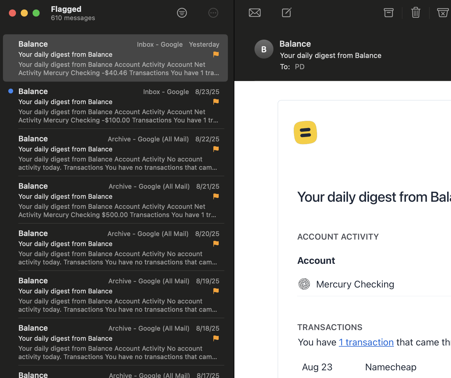 Daily digest email from Balance showing daily transactions and account activities