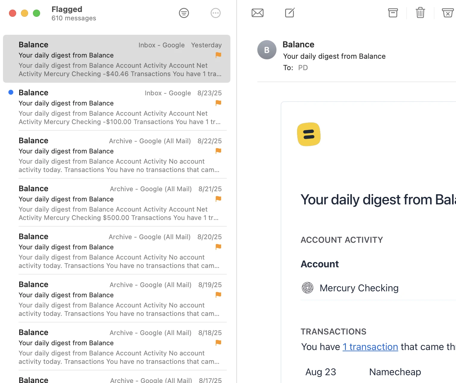 Daily digest email from Balance showing daily transactions and account activities