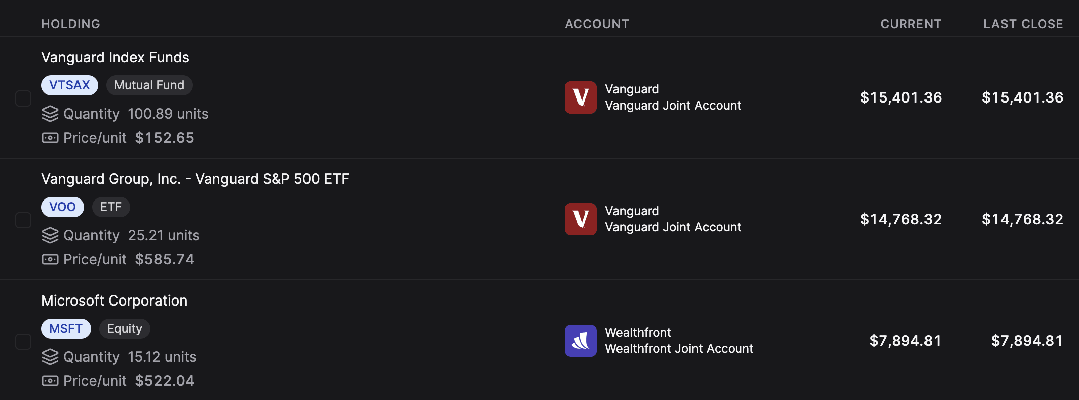 Investments in Balance with real-time market data