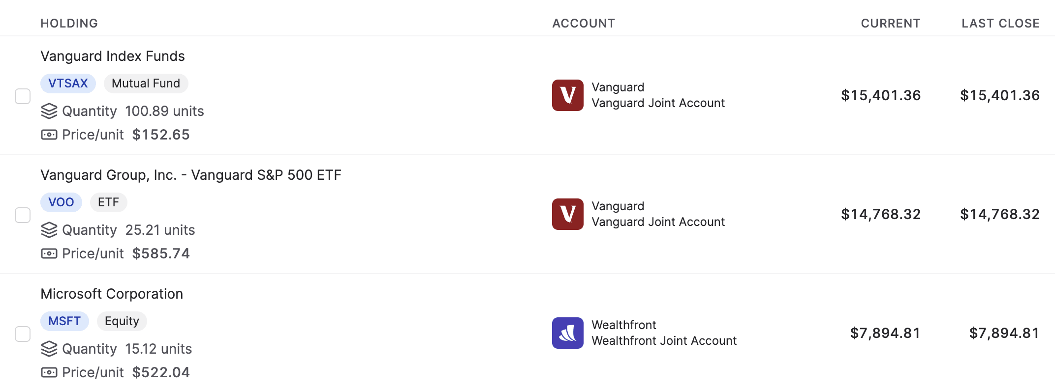 Investments in Balance with real-time market data