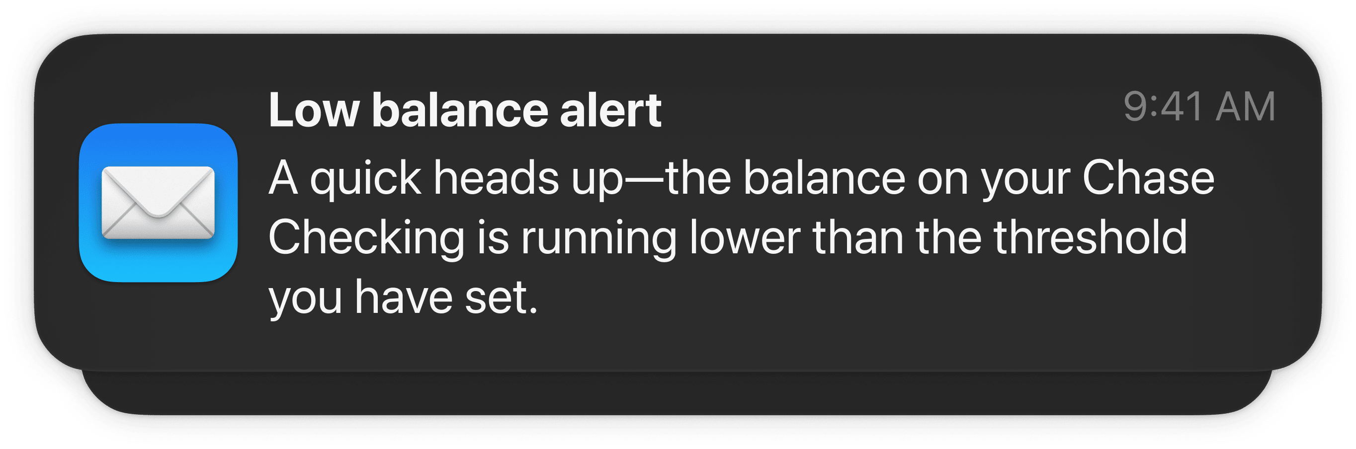 Low balance notifications indicating balances on some accounts are running lower than the threshold amount