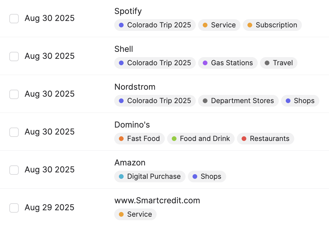 AI powered transaction categorization with multiple categories, like #tags.