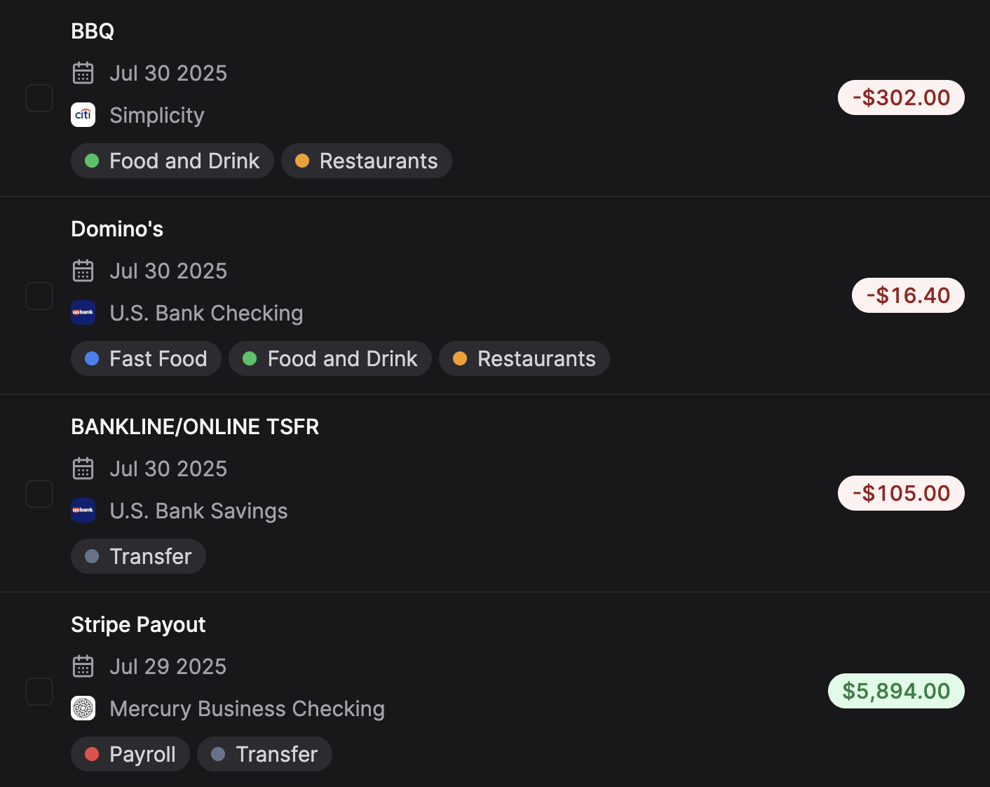 Transactions automatically synced via Plaid